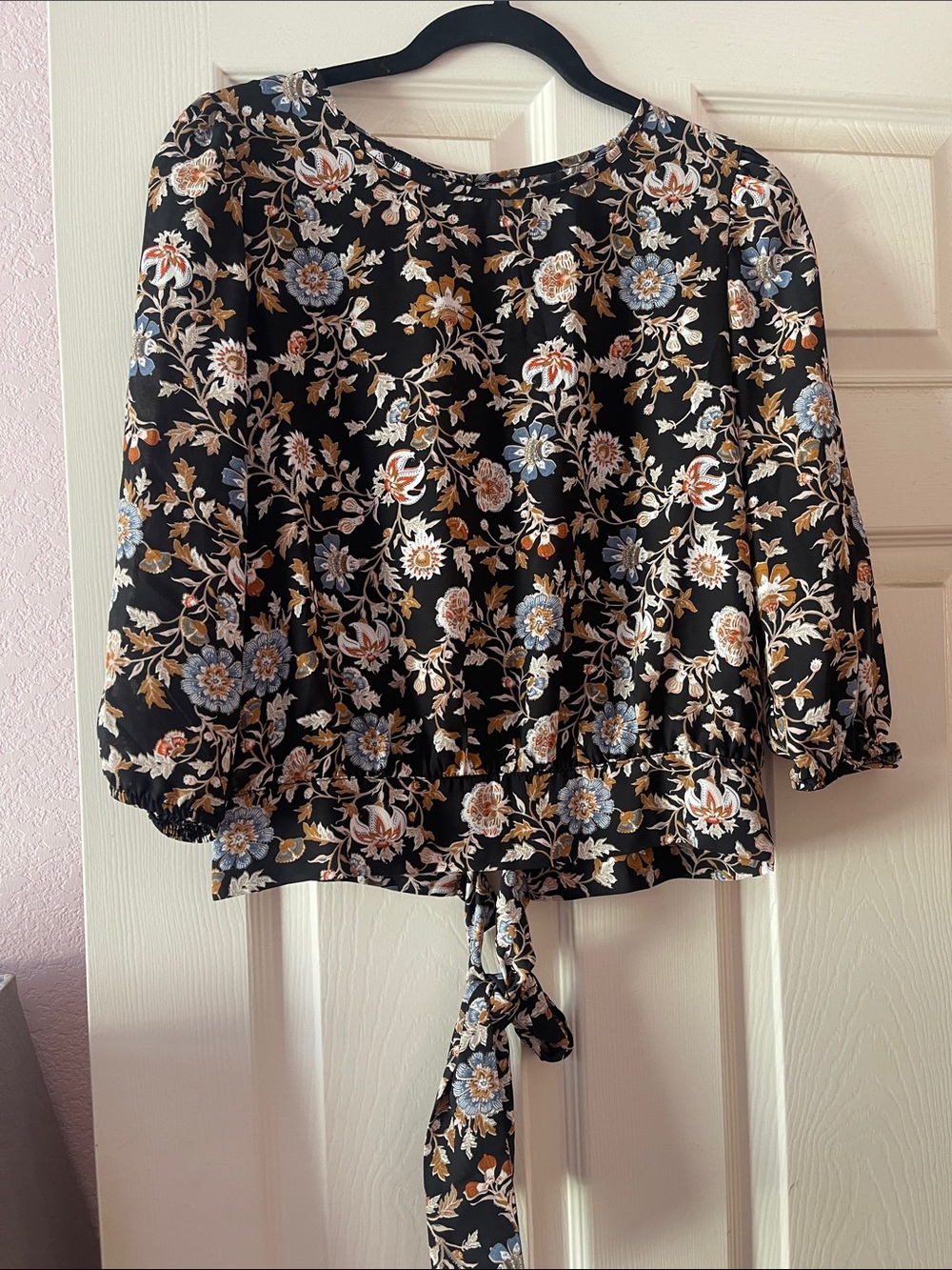 BCX Black Floral Tie-Front Blouse with Blue and Tan Accents